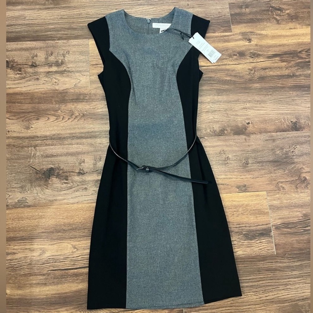 French Connection Madam Mary Capped Sleeve Grey and Black Dress with belt